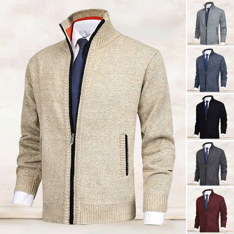 Men's Fashion Solid Color Stand Collar Cardigan Sweater Knit Jacket by Blinkzor.com